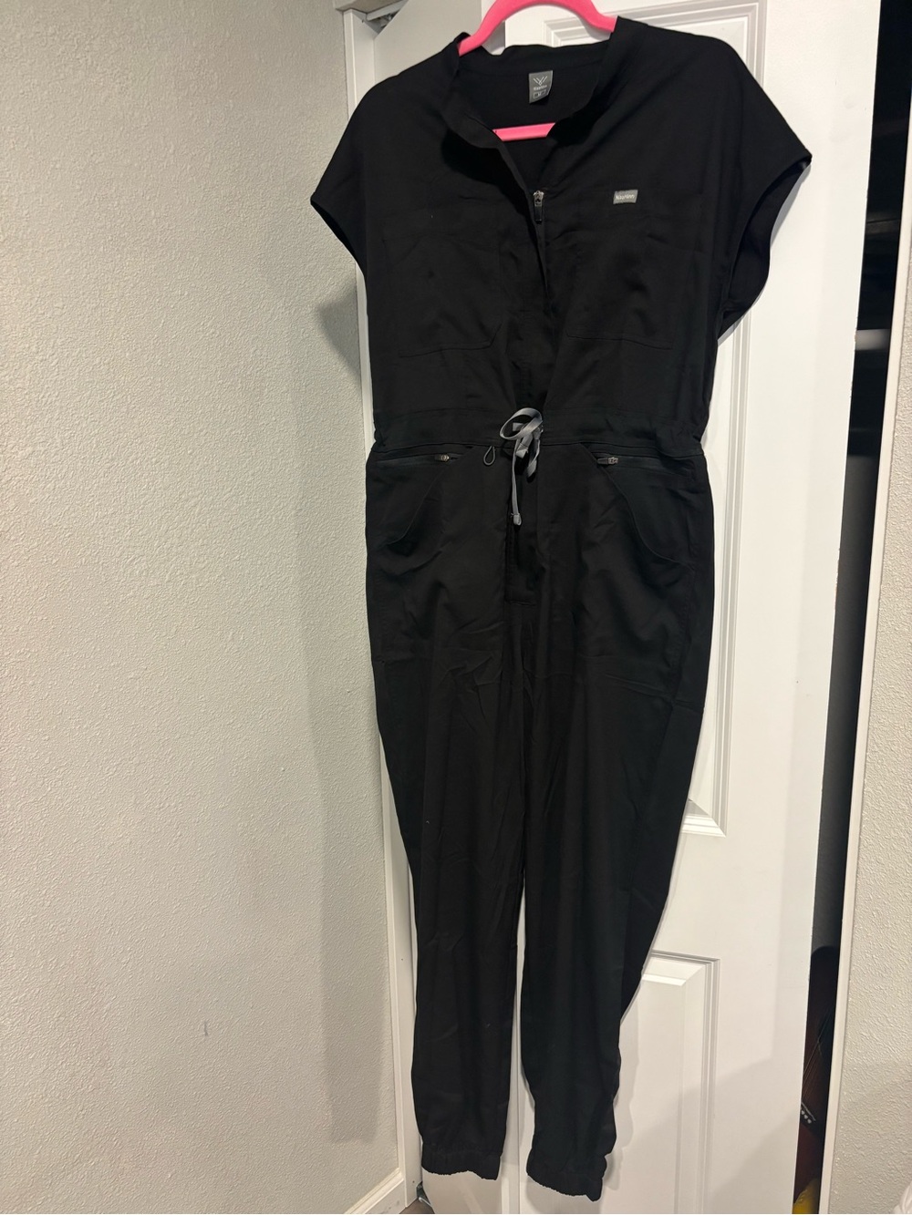 Black Short-Sleeve Utility Jumpsuit with Drawstring Waist - Picture 6 of 7